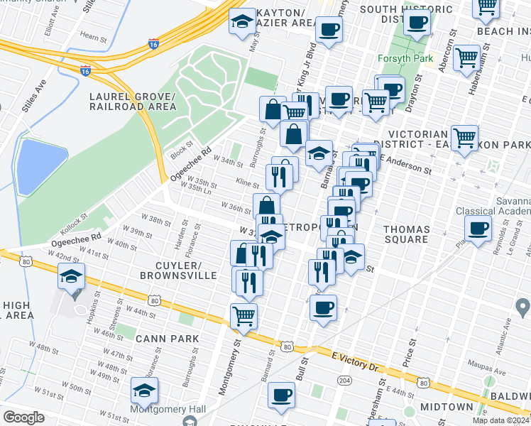 map of restaurants, bars, coffee shops, grocery stores, and more near 502 West 36th Street in Savannah