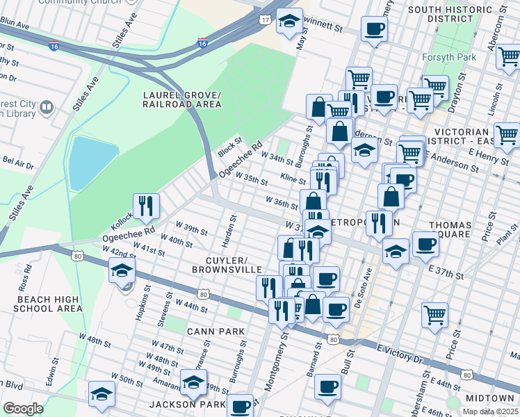 map of restaurants, bars, coffee shops, grocery stores, and more near 638 West 37th Street in Savannah