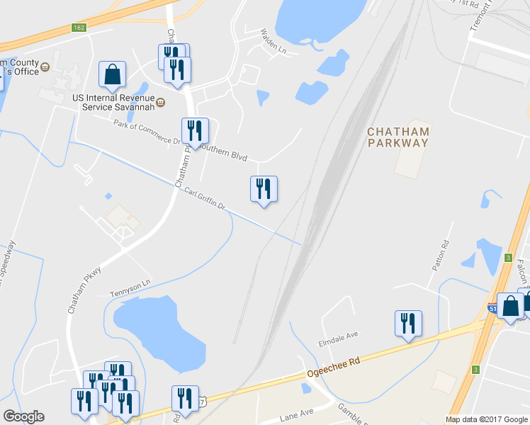 map of restaurants, bars, coffee shops, grocery stores, and more near 12 Southern Oaks Drive in Savannah