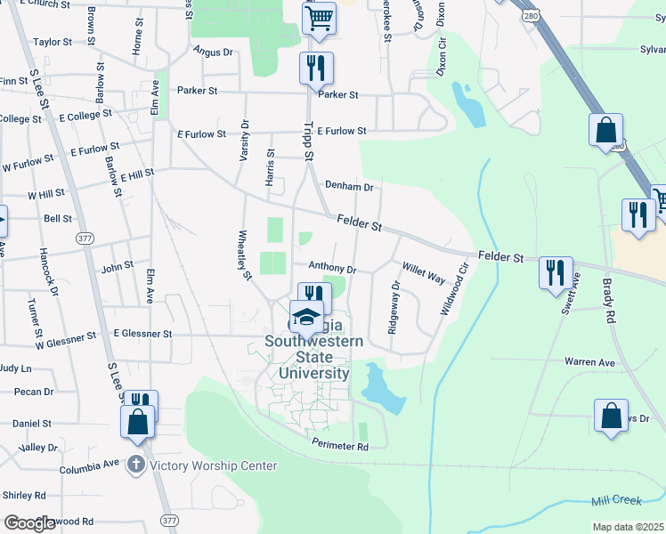 map of restaurants, bars, coffee shops, grocery stores, and more near 978 Anthony Drive in Americus