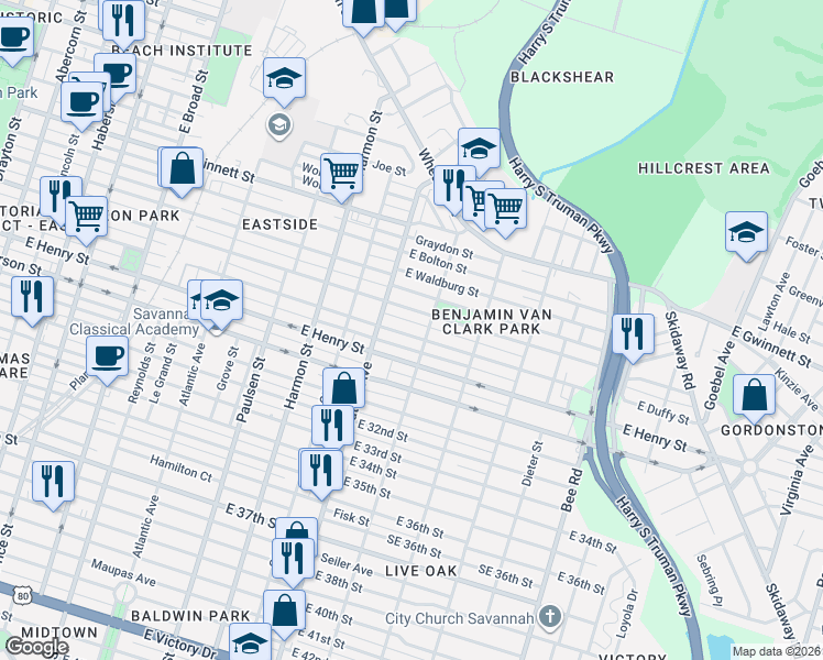 map of restaurants, bars, coffee shops, grocery stores, and more near 1130 East Duffy Street in Savannah