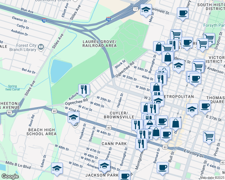 map of restaurants, bars, coffee shops, grocery stores, and more near 913 West 37th Street in Savannah