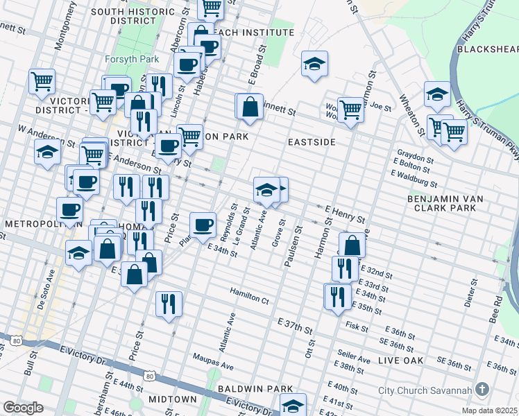 map of restaurants, bars, coffee shops, grocery stores, and more near 655 East Anderson Street in Savannah