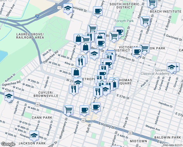 map of restaurants, bars, coffee shops, grocery stores, and more near 204 West 35th Street in Savannah