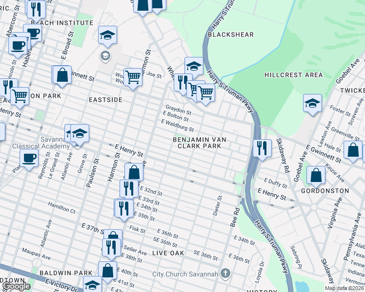 map of restaurants, bars, coffee shops, grocery stores, and more near 1221 East Park Avenue in Savannah