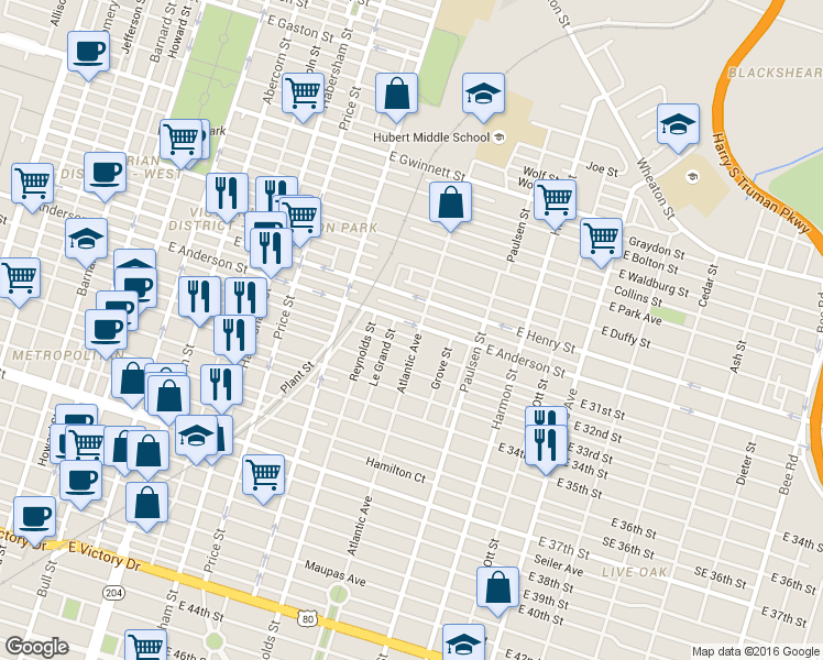 map of restaurants, bars, coffee shops, grocery stores, and more near 655 East Anderson Street in Savannah