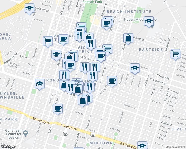 map of restaurants, bars, coffee shops, grocery stores, and more near 1611 Habersham Street in Savannah