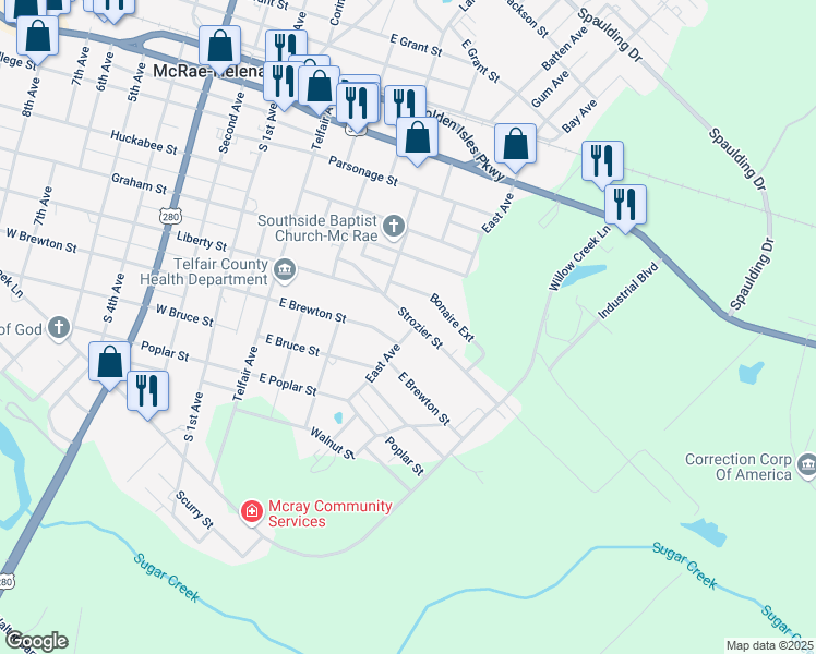 map of restaurants, bars, coffee shops, grocery stores, and more near 42 Strozier Street in McRae-Helena