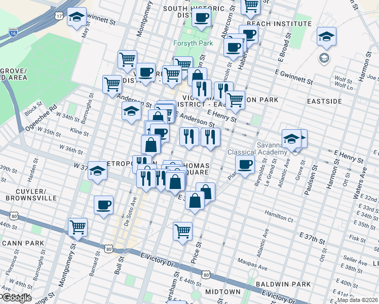 map of restaurants, bars, coffee shops, grocery stores, and more near 215 East 33rd Street in Savannah