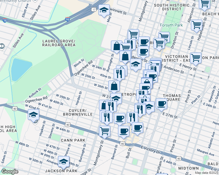 map of restaurants, bars, coffee shops, grocery stores, and more near 502 West 36th Street in Savannah