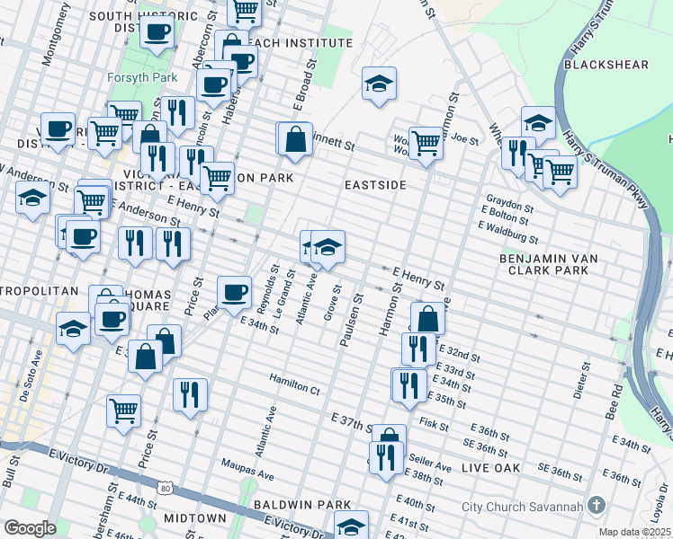 map of restaurants, bars, coffee shops, grocery stores, and more near 720 East Anderson Street in Savannah