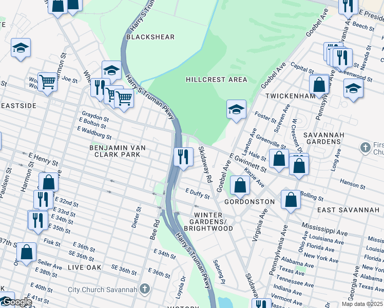 map of restaurants, bars, coffee shops, grocery stores, and more near 1652 Winter Drive in Savannah