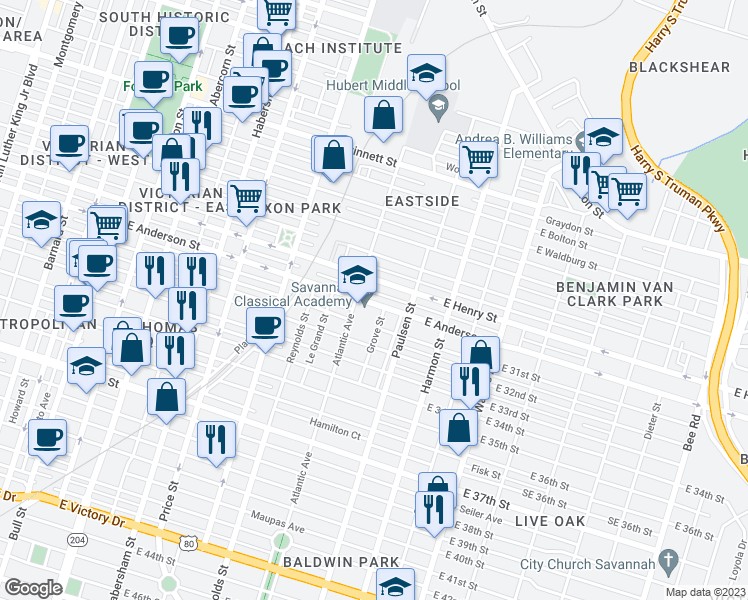 map of restaurants, bars, coffee shops, grocery stores, and more near 718 East Anderson Street in Savannah