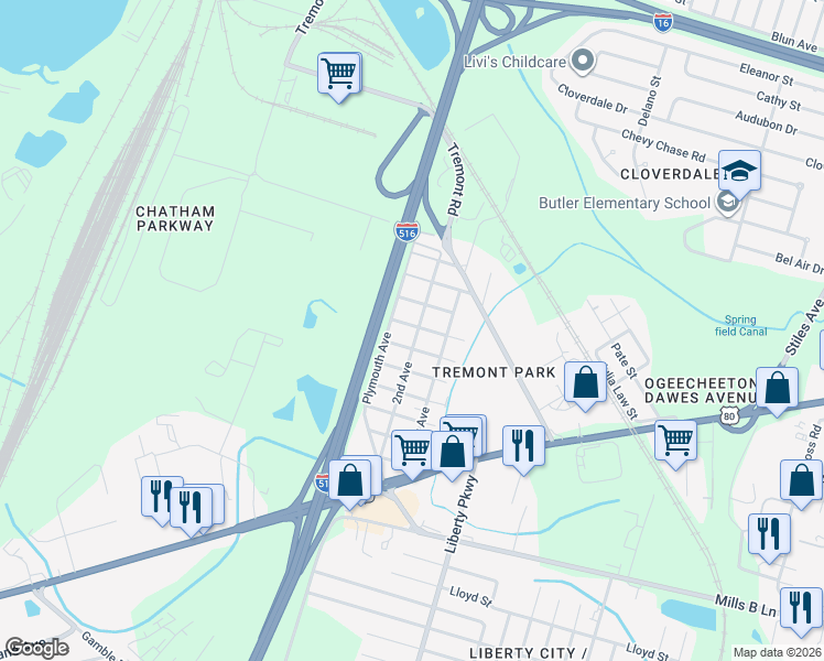 map of restaurants, bars, coffee shops, grocery stores, and more near 2103 Hobson Avenue in Savannah