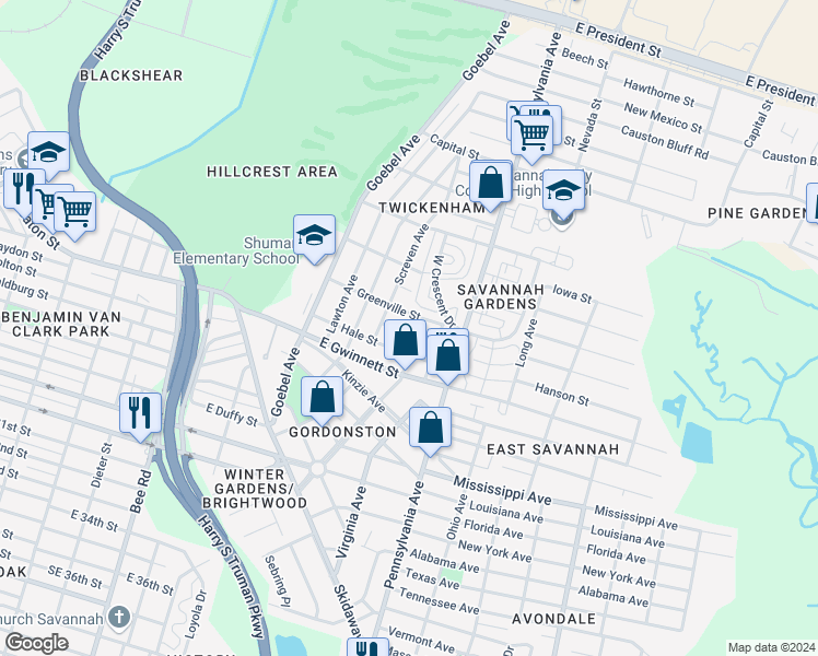 map of restaurants, bars, coffee shops, grocery stores, and more near 511 Atkinson Avenue in Savannah
