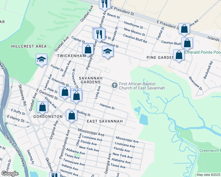 map of restaurants, bars, coffee shops, grocery stores, and more near 2130 Gable Street in Savannah