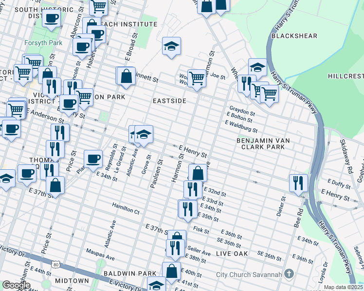 map of restaurants, bars, coffee shops, grocery stores, and more near 827 East Henry Street in Savannah