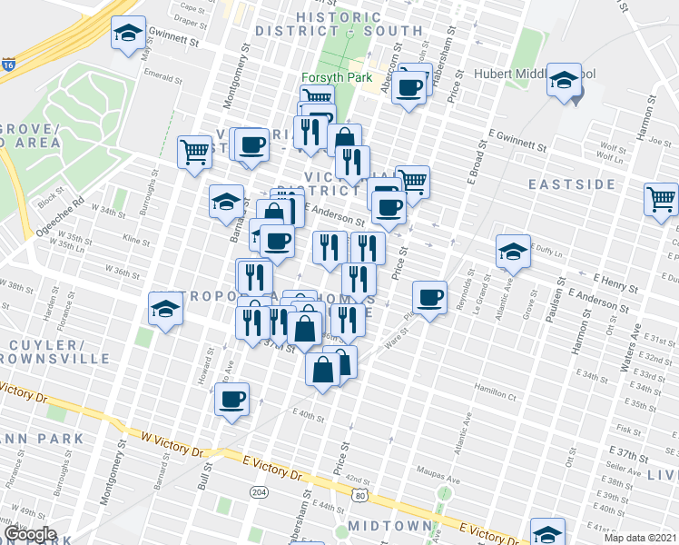 map of restaurants, bars, coffee shops, grocery stores, and more near 215 East 33rd Street in Savannah