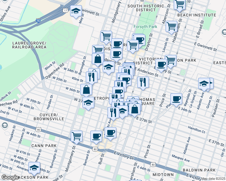 map of restaurants, bars, coffee shops, grocery stores, and more near 101 Brady Street in Savannah