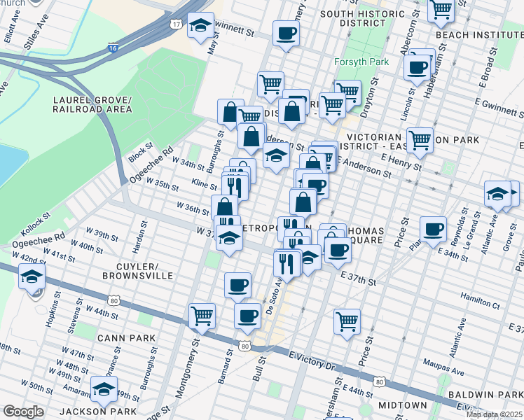 map of restaurants, bars, coffee shops, grocery stores, and more near 204 West 35th Street in Savannah