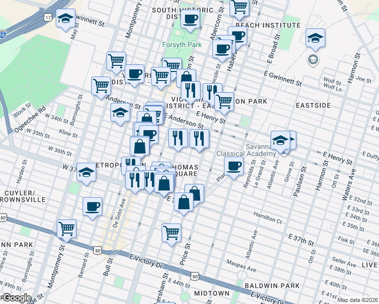 map of restaurants, bars, coffee shops, grocery stores, and more near 215 East 33rd Street in Savannah