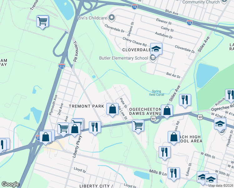 map of restaurants, bars, coffee shops, grocery stores, and more near 2727 Pate Street in Savannah