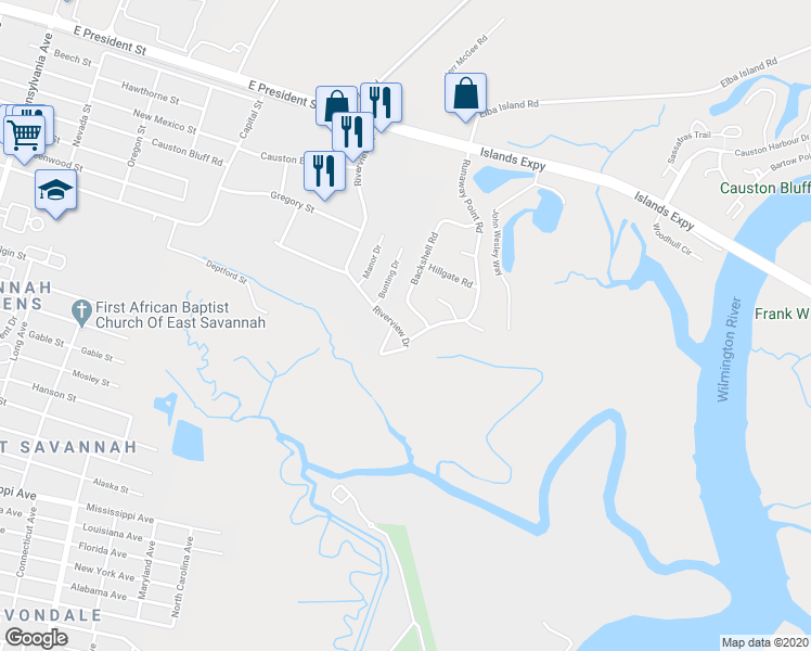 map of restaurants, bars, coffee shops, grocery stores, and more near 372 Riverview Drive in Savannah