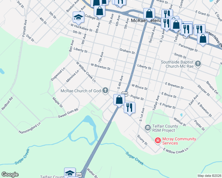 map of restaurants, bars, coffee shops, grocery stores, and more near 125 South 5th Avenue in McRae-Helena