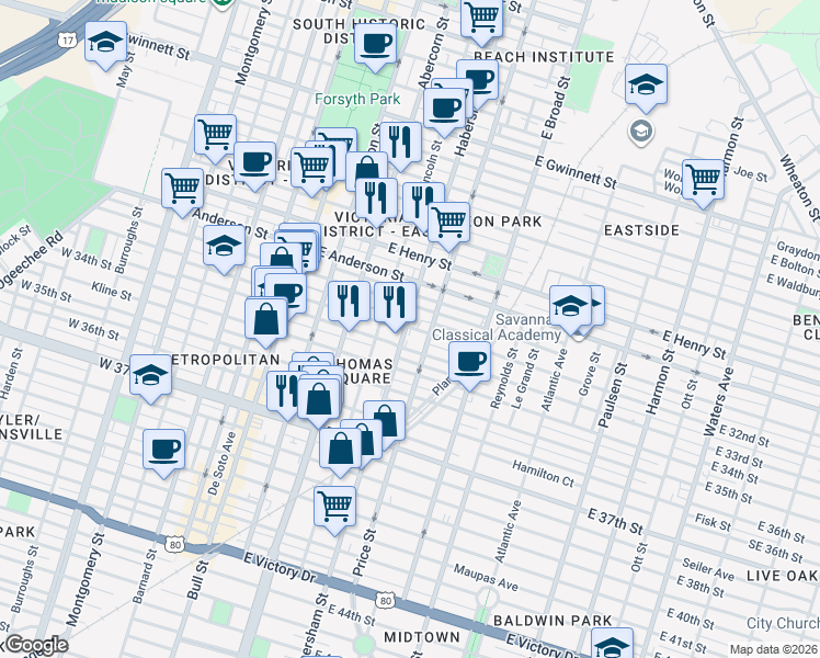 map of restaurants, bars, coffee shops, grocery stores, and more near 1611 Habersham Street in Savannah