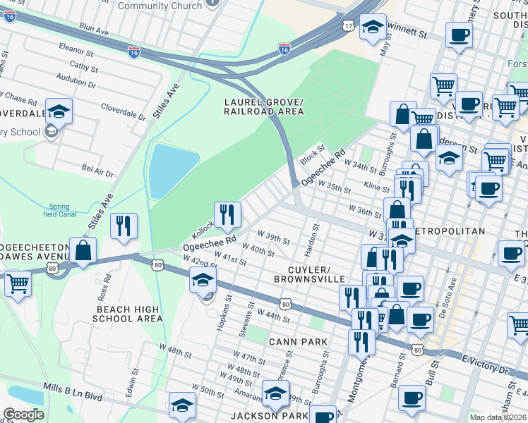 map of restaurants, bars, coffee shops, grocery stores, and more near 2118 Ogeechee Road in Savannah