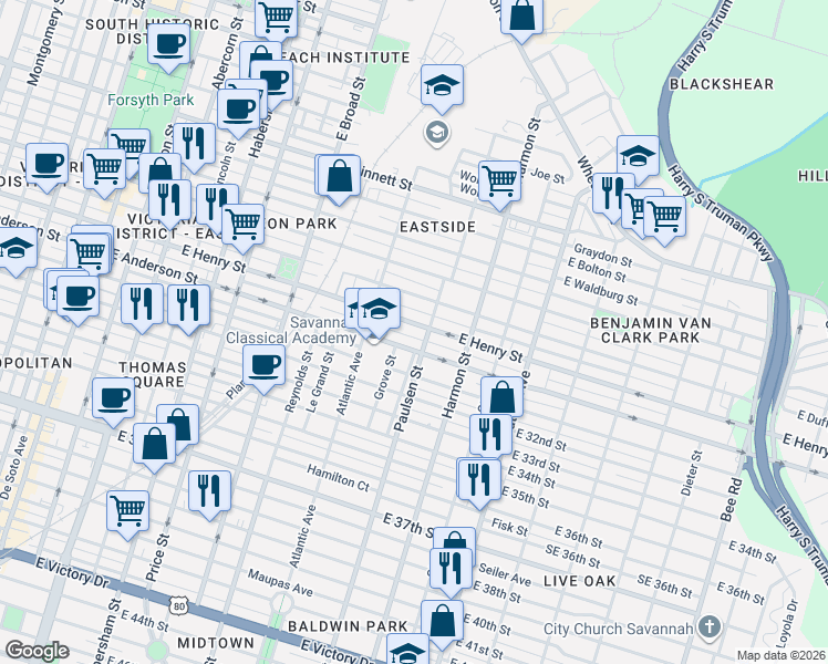 map of restaurants, bars, coffee shops, grocery stores, and more near 743 East Henry Street in Savannah