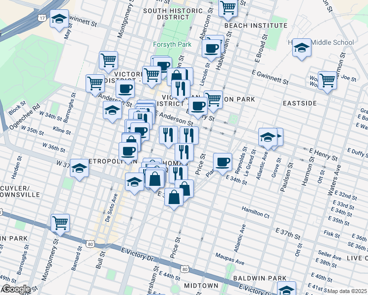 map of restaurants, bars, coffee shops, grocery stores, and more near 305 East 32nd Street in Savannah