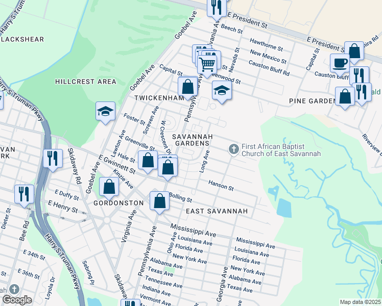 map of restaurants, bars, coffee shops, grocery stores, and more near 601 East Crescent Drive in Savannah