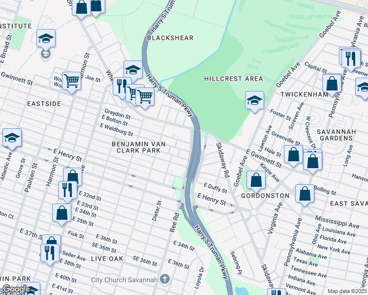 map of restaurants, bars, coffee shops, grocery stores, and more near 1015 Waters Avenue in Savannah