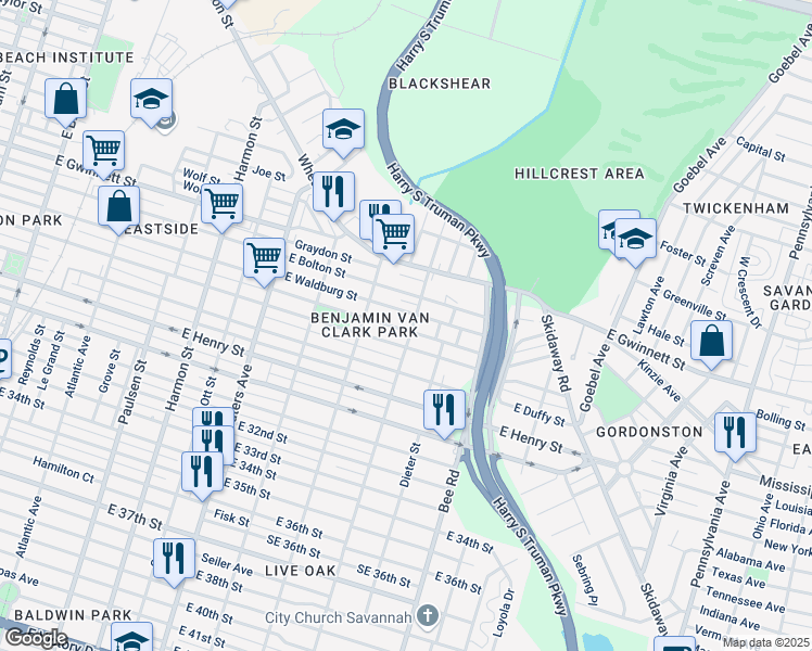 map of restaurants, bars, coffee shops, grocery stores, and more near 1336 Collins Street in Savannah