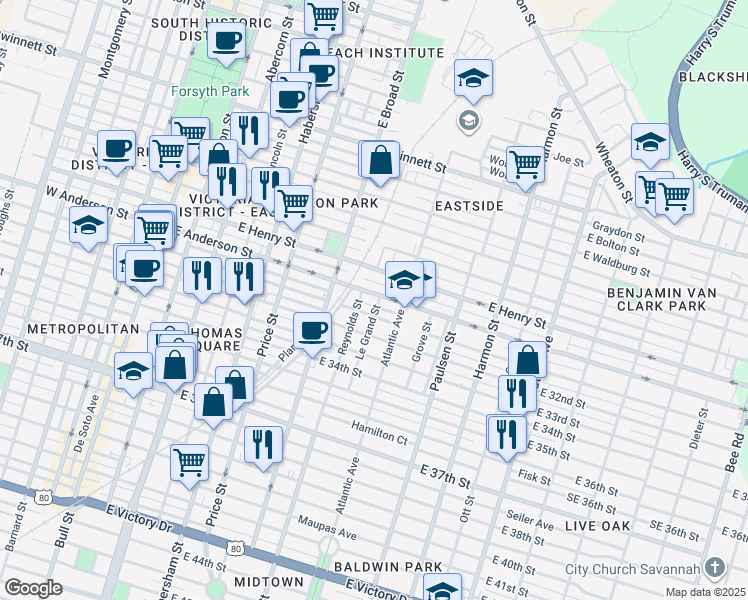 map of restaurants, bars, coffee shops, grocery stores, and more near 655 East Anderson Street in Savannah