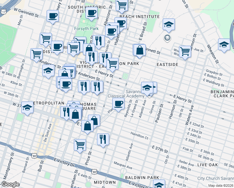 map of restaurants, bars, coffee shops, grocery stores, and more near 1513 East Broad Street in Savannah