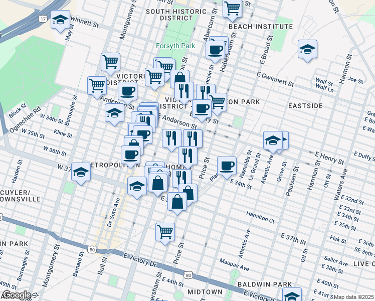 map of restaurants, bars, coffee shops, grocery stores, and more near 1611 Habersham Street in Savannah