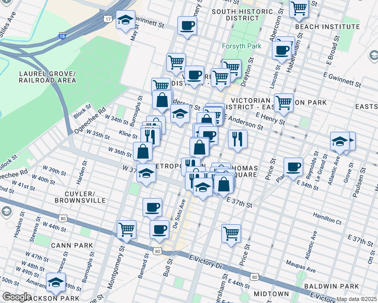map of restaurants, bars, coffee shops, grocery stores, and more near 101 Brady Street in Savannah