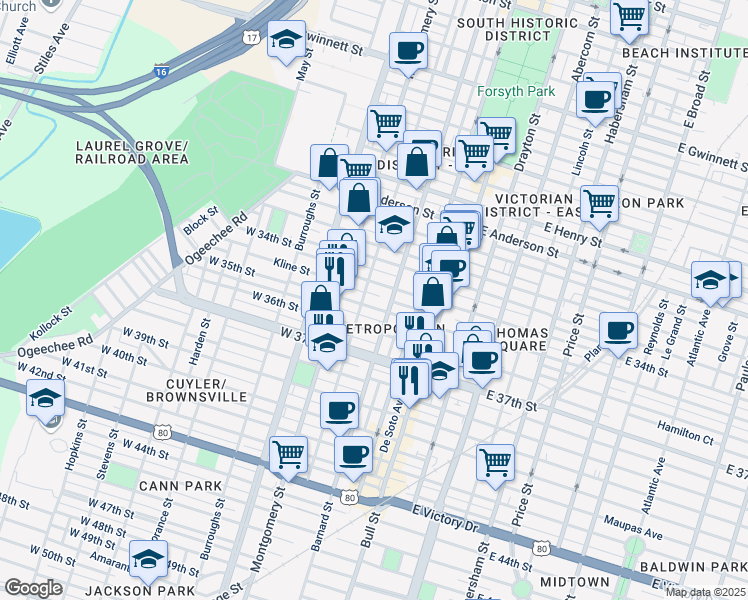 map of restaurants, bars, coffee shops, grocery stores, and more near 204 West 35th Street in Savannah