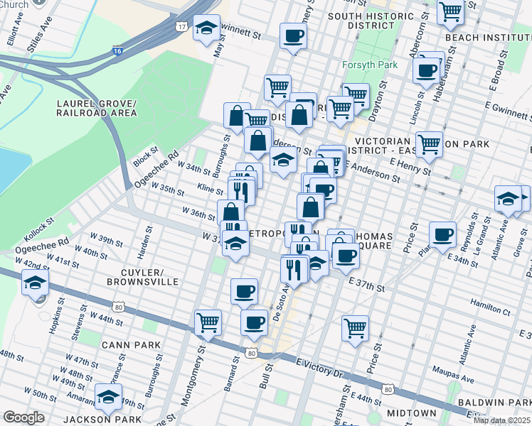 map of restaurants, bars, coffee shops, grocery stores, and more near 204 West 35th Street in Savannah