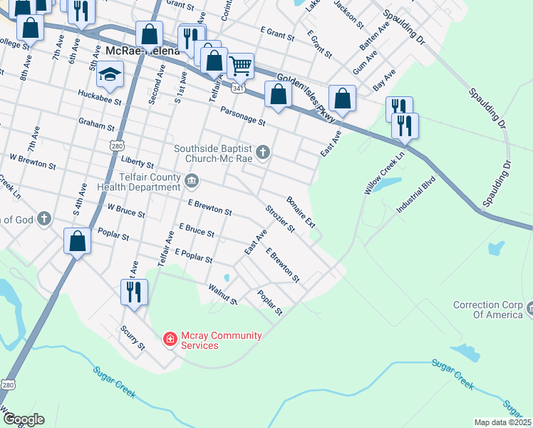 map of restaurants, bars, coffee shops, grocery stores, and more near 42 Strozier Street in McRae-Helena