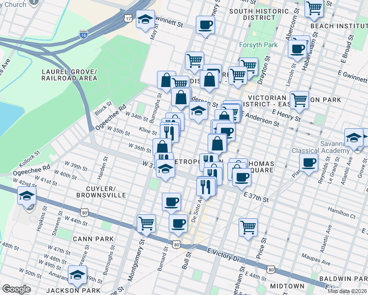 map of restaurants, bars, coffee shops, grocery stores, and more near 204 West 35th Street in Savannah