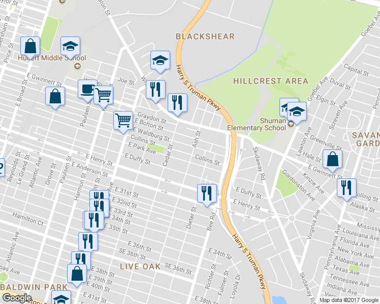 map of restaurants, bars, coffee shops, grocery stores, and more near 1336 Collins Street in Savannah