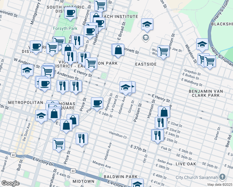 map of restaurants, bars, coffee shops, grocery stores, and more near 655 East Anderson Street in Savannah