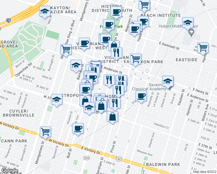 map of restaurants, bars, coffee shops, grocery stores, and more near Abercorn St & E 33rd St in Savannah