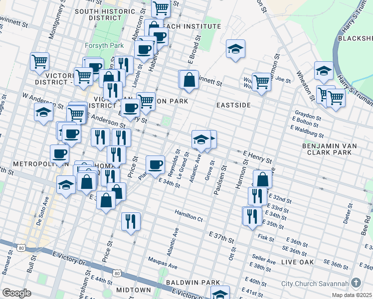 map of restaurants, bars, coffee shops, grocery stores, and more near 655 East Anderson Street in Savannah
