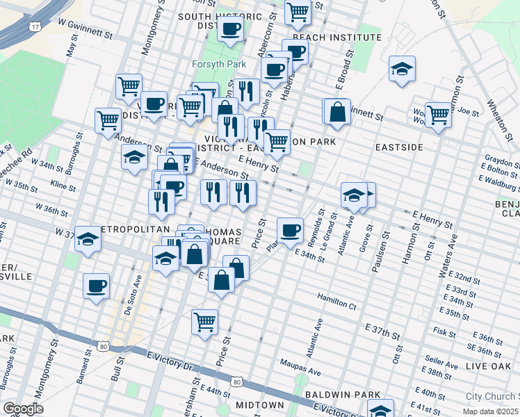 map of restaurants, bars, coffee shops, grocery stores, and more near 412 East 32nd Street in Savannah