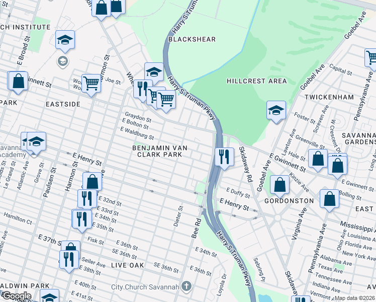 map of restaurants, bars, coffee shops, grocery stores, and more near 1403 Collins Street in Savannah