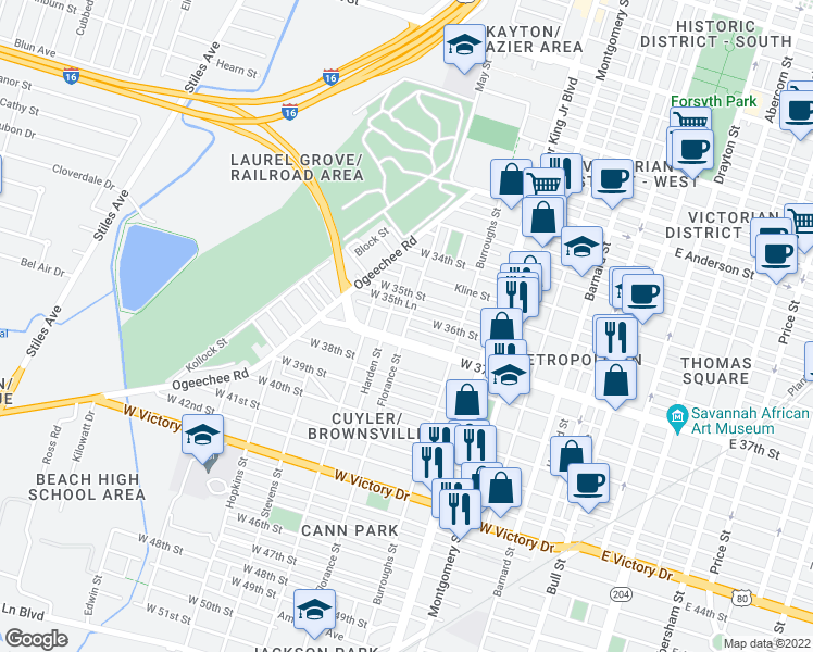 map of restaurants, bars, coffee shops, grocery stores, and more near West 36th Lane in Savannah